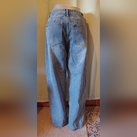 A Shein EZwear Ripped Straight Leg Jeans Purple Print Patches - Picture 2 of 5